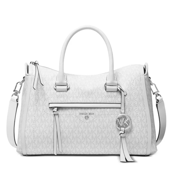 Michael Kors Carine White Monogram Handbag shoulder strap silver tassel MK - Picture 9 of 17